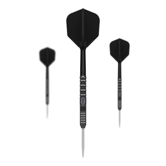 Fléchettes en acier Target Japan Black Marque Draco GEN2 Das Bild zeigt drei schwarze Steeldarts des Modells „Target Japan Black Marque Draco GEN2“. Die Pfeile haben eine metallische Spitze und ein elegantes, gerilltes Design am Griff.