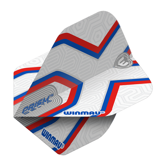 Vols standard Winmau Prism Delta Epix No2 Das Bild zeigt die Winmau Prism Delta Epix No2 Standard Flights. Die Flights sind hauptsächlich weiß mit roten und blauen Streifen sowie dem Winmau-Logo.