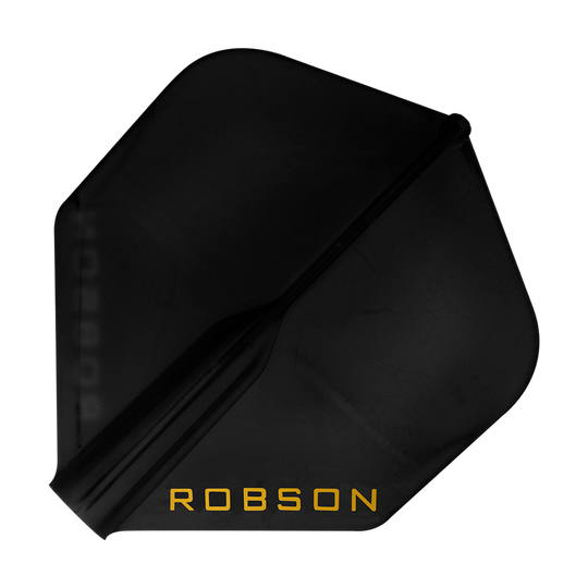 Vols Robson Plus - Standard Dies ist ein schwarzes Dartflight mit der Aufschrift "ROBSON" in gelber Farbe. Das Flight hat eine Standardform und wirkt robust.
