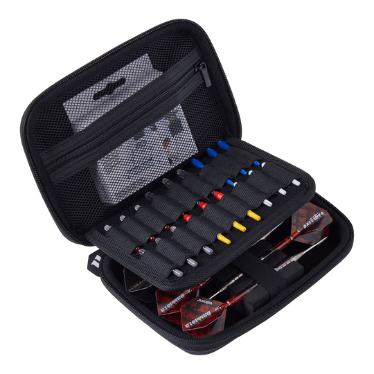 Portefeuille de fléchettes Unicorn Ultra Gary Anderson Das Bild zeigt das Produkt "Unicorn Ultra Gary Anderson Dartwallet". Das Dartwallet ist offen und enthält mehrere Ersatzteile sowie zwei zusammengebaute Darts.