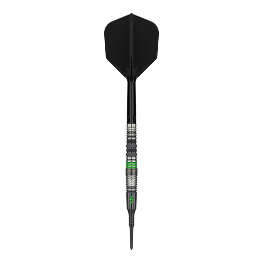 Fléchettes souples Target Japan Black Marque Lightning 3 - 19 g Dieses Bild zeigt einen Softdart mit dem Namen "Target Japan Black Marque Lightning 3" mit einem Gewicht von 19g. Der Dart ist überwiegend schwarz mit silbernen und grünen Akzenten gestaltet.