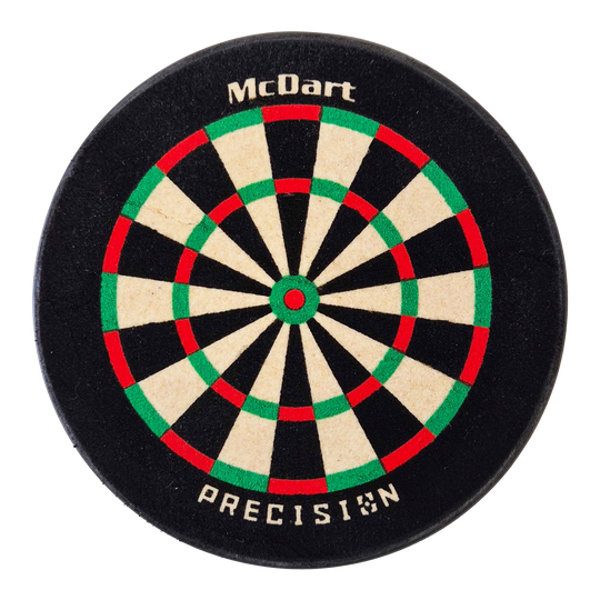 Porte-fléchettes McDart Precision Mini Dartboard Das Bild zeigt eine kleine, runde Dartscheibe mit der Aufschrift „McDart“ und „PRECISION“. Die Scheibe hat die klassischen Farben Weiß, Schwarz, Rot und Grün.