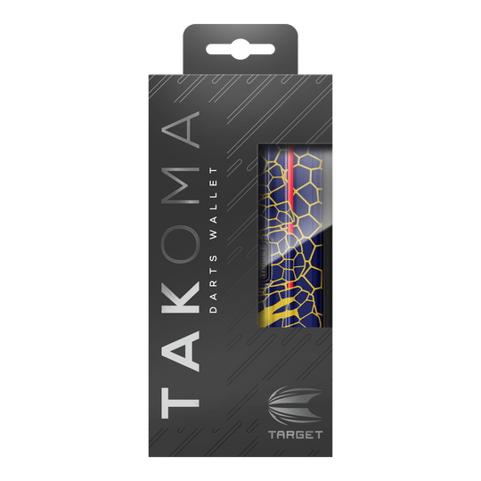 Étui à fléchettes Target Takoma Josh Rock Dies ist das Target Takoma Josh Rock Dartcase in einer eleganten schwarzen Verpackung. Durch das Sichtfenster sieht man das Design des Dartcases mit einem blauen und gelben Wabenmuster.