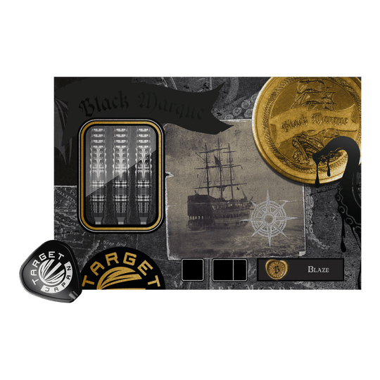 Fléchettes en acier Target Japan Black Marque Blaze Swiss Point - 23 g Das Bild zeigt die Target Japan Black Marque Blaze Swiss Point Steeldarts - 23g. Die Darts sind für das Steeldart-Spiel konzipiert und haben ein elegantes, schwarzes Design.