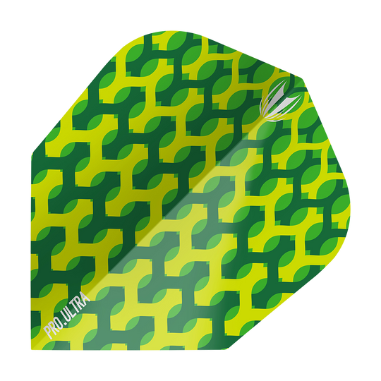 TG69_335230_Target_ProUltra_Fabric_Green_Ten-X_Flights_1 Das Bild zeigt das Produkt "Target ProUltra Fabric Green Ten-X Flights". Die Flight-Kappe hat ein grünes und gelbes Muster mit geometrischem Design.