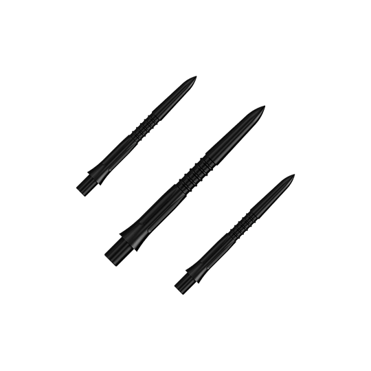 Embouts de fléchettes Mission Caliburn EVO GV1 - Noirs Ein Set von schwarzen Steeldartspitzen mit 26 mm Länge. Auf dem Bild sieht man mehrere Spitzen aus der Misson Caliburn EVO GV1 Reihe.