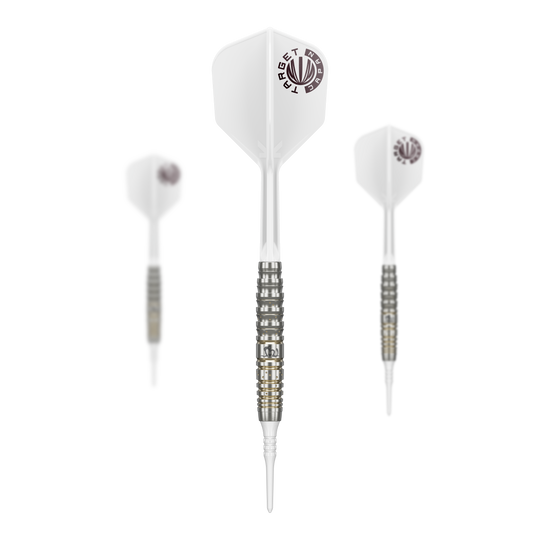 Fléchettes souples Target Japan Prime Series Mayujo Morita GEN6 - 18 g Das Bild zeigt drei Softdarts der Serie „Target Japan Prime Series Mayujo Morita GEN6“ mit einem Gewicht von 18g. Die Darts haben weiße Flights und einen silber-schwarzen Barrel mit goldenen Akzenten.