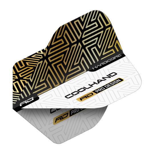 Vols Red Dragon Hardcore Luke Humphries Gold White Premium Standard Das Bild zeigt ein Dartflight mit einem gold-schwarzen und weißen geometrischen Muster. Auf dem Flight stehen die Wörter "COOLHAND", "RD PRO DESIGN" und "HARDCORE".