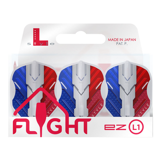 Vols L-Style V-Series V1 Type B France Blanc Transparent L1EZ Das Bild zeigt eine Packung L-Style V-Series V1 Type B France Clear White L1EZ Flights. Die Flights sind in den Farben Blau, Weiß und Rot gestaltet und werden in Japan hergestellt.