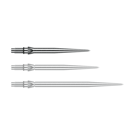 Das Bild zeigt eine silberne Steeldartspitze mit glattem Design. Die Länge beträgt vermutlich 26 mm.