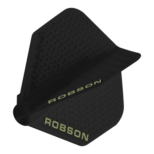 Volants Robson Plus Dimple - Noir Dies ist ein schwarzer Dartflight mit einer Dimple-Oberfläche. Auf dem Flight steht der Schriftzug „ROBSON“ in heller Farbe.
