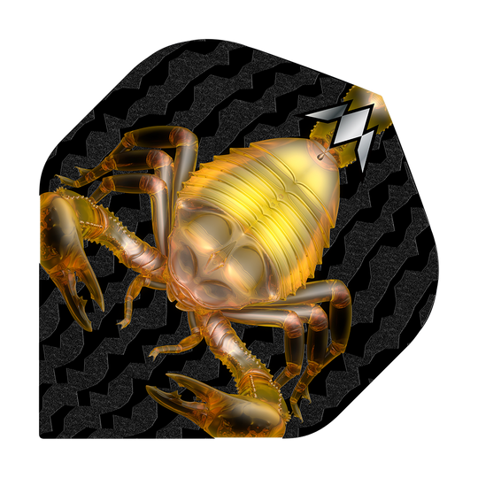Mission Solo Scorpion n°2 Vols standards Das Bild zeigt das Produkt "Mission Solo Scorpion No2 Standard Flights" mit einer goldenen Skorpion-Grafik. Der Hintergrund ist schwarz mit einem wellenförmigen Muster.
