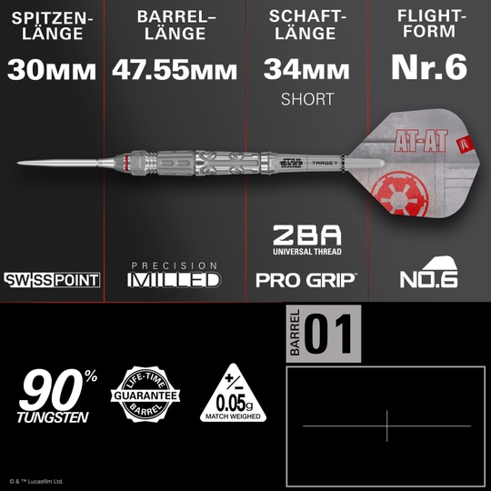 Fléchettes en acier Target Star Wars AT-AT Swiss Point Das Bild zeigt die Target Star Wars AT-AT Swiss Point Steeldarts. Es handelt sich um hochwertige Steeldarts im Stil des Star Wars AT-AT.
