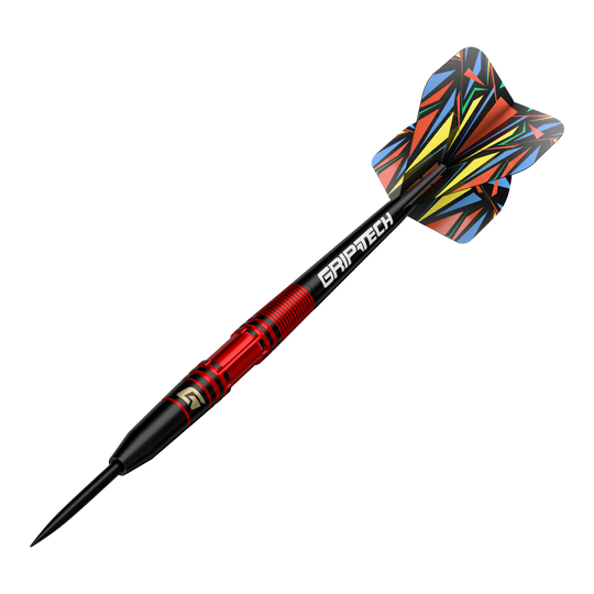Dies ist der GOAT Athlete Red Brass Steeldart mit einem Gewicht von 11g. Er hat ein auffälliges, bunt gemustertes Flight-Design und einen roten Griffbereich.