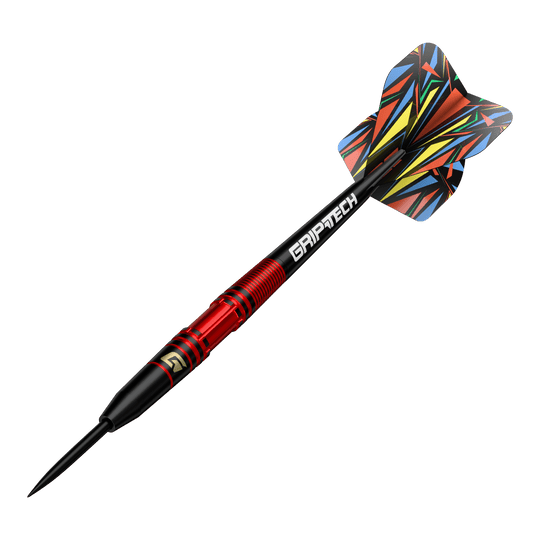 Fléchettes en acier GOAT Athlete en laiton rouge - 11 g Dies ist der GOAT Athlete Red Brass Steeldart mit einem Gewicht von 11g. Er hat ein auffälliges, bunt gemustertes Flight-Design und einen roten Griffbereich.