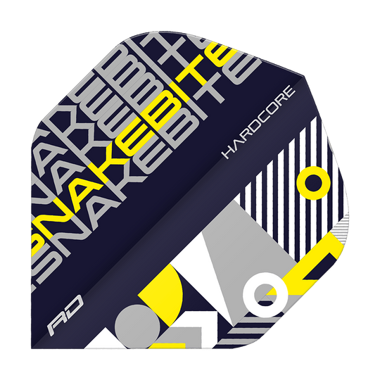 TF6657_Red_Dragon_Hardcore_Snakebite_BlackYellow_Standard_Flights_1L1aF7qSG6nClE Das Bild zeigt ein Dartflight mit dem Namen "Red Dragon Hardcore Snakebite Black Yellow Standard Flights". Das Design ist modern und auffällig in den Farben Schwarz, Gelb, Grau und Weiß gehalten.