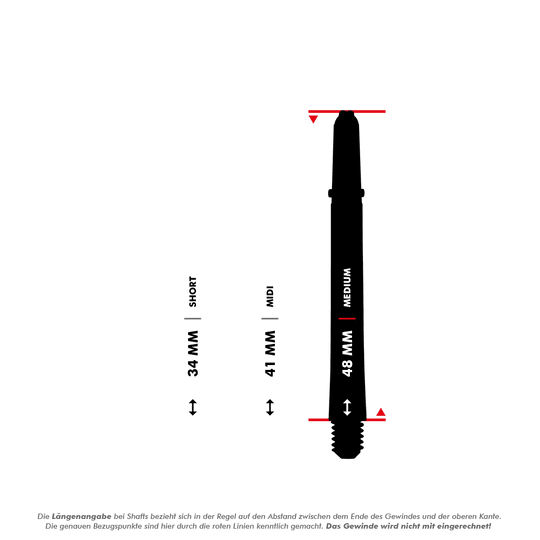 Harrows Dimplex Shafts - Schwarz Das Bild zeigt drei verschiedene Längen von Dart Shafts: Short (34 mm), Midi (41 mm) und Medium (48 mm). Die Maße beziehen sich auf den Abstand zwischen dem Ende des Gewindes und der oberen Kante, wobei das Gewinde nicht mit eingerechnet wird.