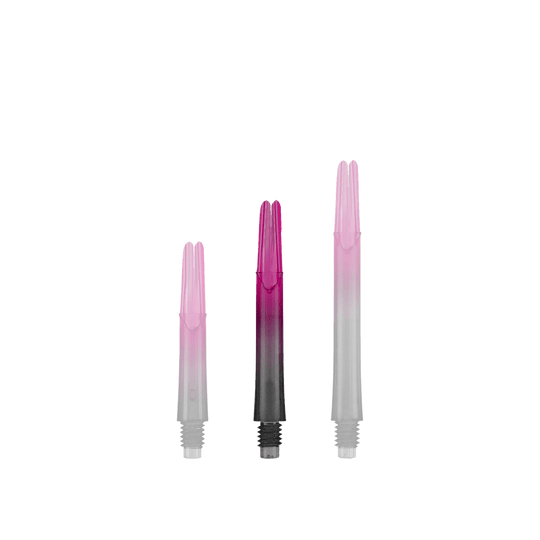 L-L-Style-Shaft Locked Straight Natural9 TwoTone Shafts - Rose Auf dem Bild sind drei unterschiedlich lange, zweifarbige Dartschäfte zu sehen. Sie sind unten schwarz und gehen nach oben in ein kräftiges Pink über.