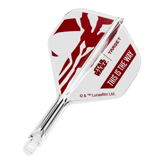 Abgebildet ist ein Flight für Darts, inspiriert von Star Wars. Es handelt sich um das Modell 'K-Flex This Is The Way No2 Standard Flights' mit 19mm Größe.