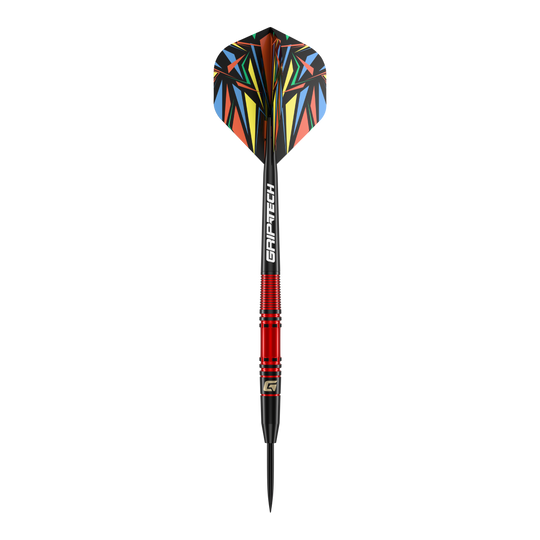 Fléchettes en acier GOAT Athlete en laiton rouge - 11 g Das Bild zeigt einen GOAT Athlete Red Brass Steeldart mit einem Gewicht von 11g. Er hat einen roten Schaft und bunte Flights mit geometrischen Mustern.