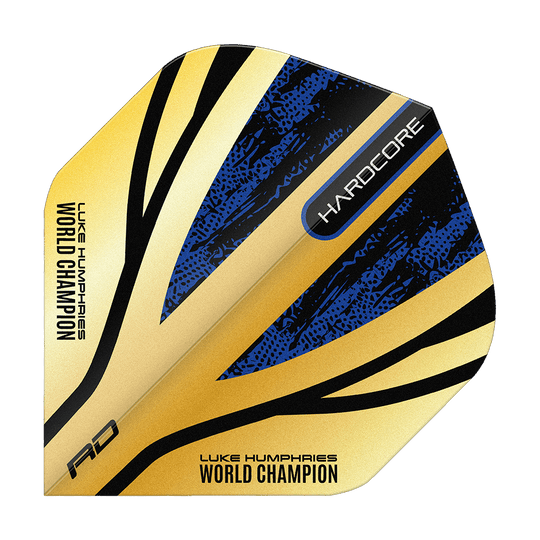 Vols Red Dragon Hardcore Premium Luke Humphries Gold Standard Das Bild zeigt das Produkt "Red Dragon Hardcore Premium Luke Humphries Gold Standard Flights". Die Darts-Flights sind gold, blau und schwarz und tragen die Aufschrift "WORLD CHAMPION" und "HARDCORE".
