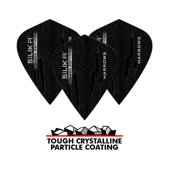 Vols de cerf-volant Harrows Silika Black Edition Das Bild zeigt drei schwarze Harrows Silika Black-Edition Kite Flights mit glänzender Beschriftung. Darunter steht „Tough Crystalline Particle Coating“ mit einer Grafik von Kristallen.