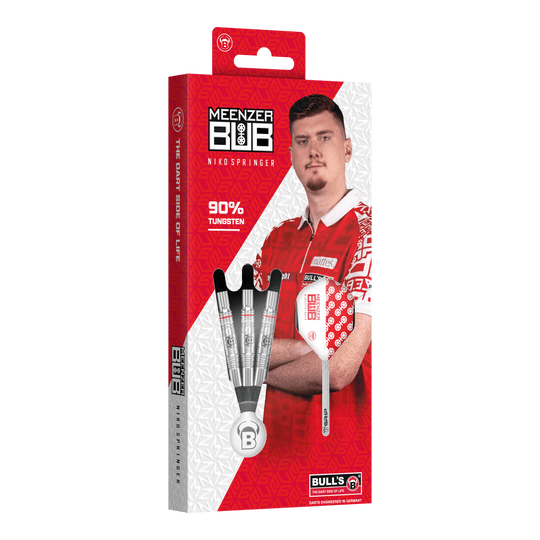 Fléchettes souples Bulls Niko Springer - 22 g Auf dem Bild ist die Verpackung der "Bulls Niko Springer Softdarts - 22g" zu sehen. Die Packung zeigt drei Dartpfeile und ein Portrait von Niko Springer.
