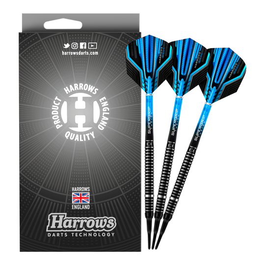 Fléchettes de siège Harrows Softdarts Das Bild zeigt eine Packung Harrows Siege Softdarts mit drei blauen und schwarzen Darts. Auf der Verpackung steht "Harrows Darts Technology" und ein Qualitätssiegel aus England.