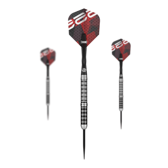 Fléchettes en acier Shot Niels Zonneveld V2 Das Bild zeigt drei Steeldarts des Modells "Shot Niels Zonneveld V2". Die Darts haben silber-schwarze Spitzen und Schäfte sowie rote und schwarze Flights mit Muster.