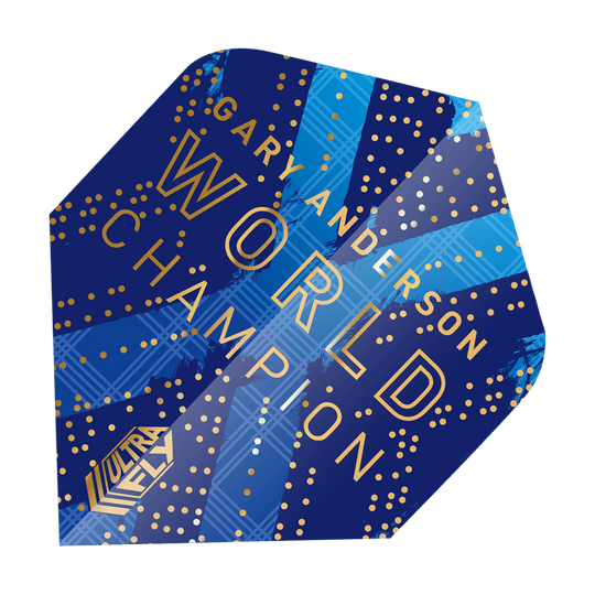 69451_Unicorn_World_Champion_Gary_Anderson_Phase_6_Plus_Flights_2 Das Bild zeigt einen blauen Dartflug mit goldenen Punkten und der Aufschrift "Gary Anderson World Champion". In der Ecke ist auch das Logo "Ultra Fly" zu sehen.