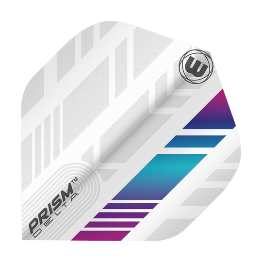 6915-213_Winmau_Prism_Delta_6915-213_Standard_Flights_1lvGL8qAbGYdbY Das Bild zeigt ein Winmau Prism Delta 6915.213 Standard-Flights für Dartpfeile. Das Flight ist überwiegend weiß mit modernen, farbigen Akzenten in Blau und Lila.