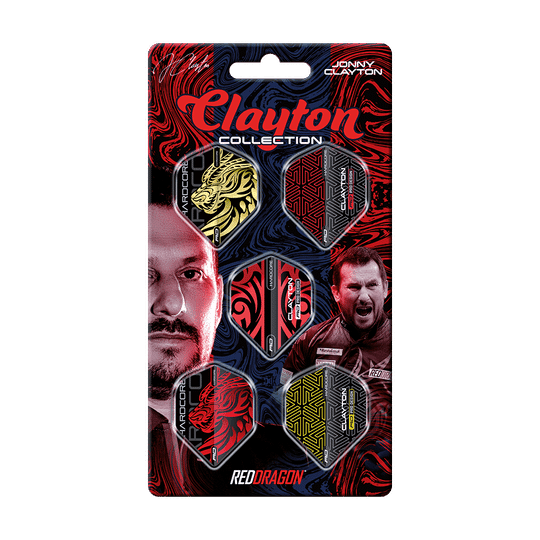 Das Bild zeigt die "Red Dragon Jonny Clayton Flight Collection" mit fünf verschiedenen Dart-Flights. Auf der Verpackung sind auch zwei Fotos von Jonny Clayton abgebildet.