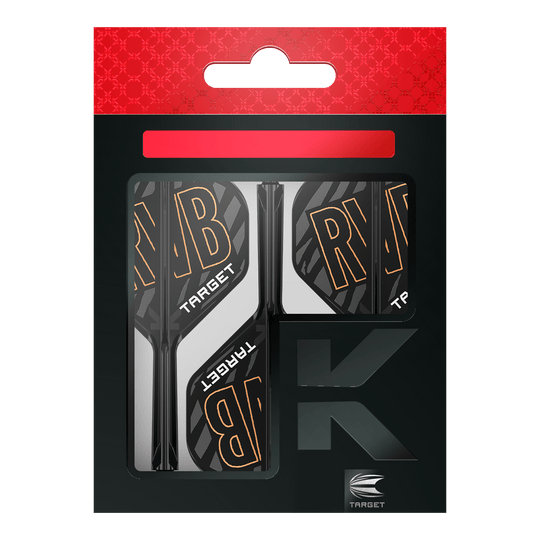 Système d'arbre de vol standard Target K-Flex Raymond Van Barneveld No2 Auf dem Bild ist eine Verpackung mit Dartflights und -schäften der Marke Target zu sehen. Die Flights tragen die Buchstaben "RVB" und sind schwarz-weiß mit orangener Schrift gestaltet.