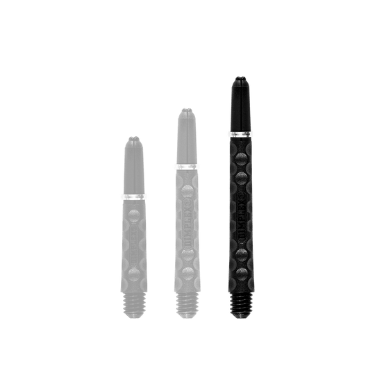 Harrows Dimplex Shafts - Schwarz Das Bild zeigt drei schwarze Dartschäfte in unterschiedlichen Längen. Sie haben eine strukturierte Oberfläche mit silbernen Ringen in der Mitte.