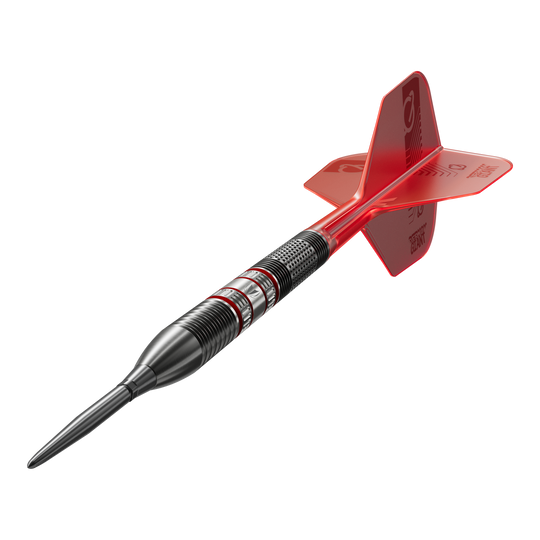 Fléchettes en acier Target Gabriel Clemens 95K Swiss Point Das Bild zeigt einen Target Gabriel Clemens 95K Swiss Point Steeldart. Der Dart hat ein schwarzes Barrel mit roten Akzenten und rote Flights.