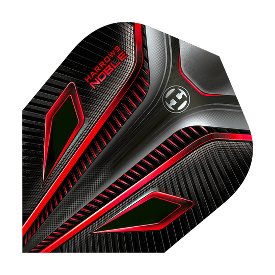 HR6_Harrows_Noble_Red_Standard_Flights_1BKI0BGZ6l3oYH Dies ist ein Harrows Noble Red Standard Flight für Darts. Das Design ist schwarz mit auffälligen roten und silbernen Akzenten.