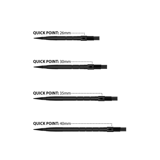 Pointes de fléchettes Harrows Quick Point Micro Ridge - Noires Das Bild zeigt Harrows Quick Point Micro Ridge Dartspitzen in Schwarz. Die Dartspitzen sind schlank und für präzises Werfen geeignet.