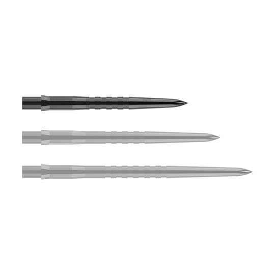 Embouts de fléchettes Mission Caliburn EVO - Rainurés - Noirs Auf dem Bild sind drei schwarze, gerillte Steeldartspitzen zu sehen. Sie liegen parallel nebeneinander auf einem transparenten Hintergrund.