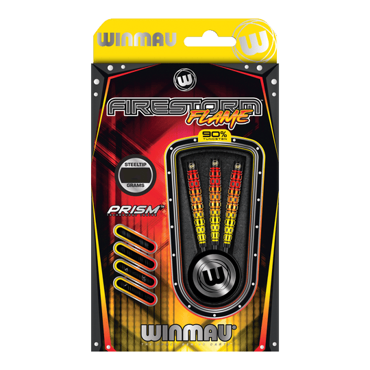 Fléchettes coniques en acier Winmau Firestorm Flame Das Bild zeigt die Verpackung der "Winmau Firestorm Flame Tapered Steeldarts". In der Verpackung sind drei bunte Stahlspitzendarts mit einem auffälligen Flammen-Design zu sehen.