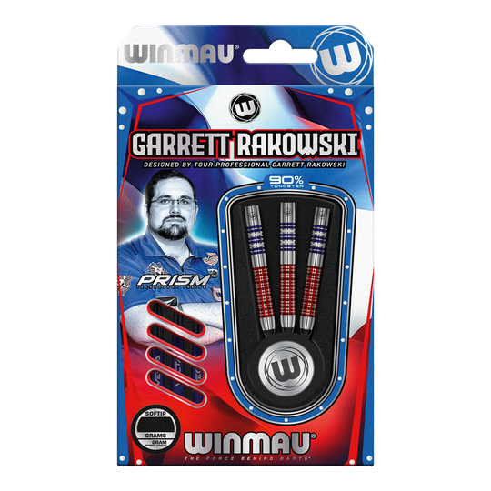 Fléchettes souples Winmau Garrett Rakowski - 20g Auf dem Bild ist eine Verpackung der "Winmau Garrett Rakowski Softdarts - 20g" zu sehen. Die Verpackung zeigt die Darts sowie ein Bild von Garrett Rakowski und ist in Blau, Rot und Weiß gestaltet.