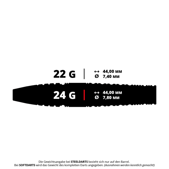 Das Bild zeigt zwei verschiedene Steeldart-Barrels mit jeweils 22 Gramm und 24 Gramm Gewicht. Beide Barrels sind 44,00 mm lang, aber das 22-Gramm-Barrel hat einen Durchmesser von 7,40 mm und das 24-Gramm-Barrel einen Durchmesser von 7,80 mm.