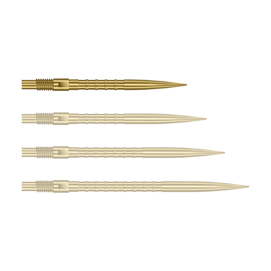 Pointes de fléchettes Harrows Quick Point Heavy Metal - Or Das Bild zeigt Dartspitzen mit starkem Metallgriff in goldener Farbe und 26mm Länge. Das Produkt ist Harrows Quick Point Heavy Metal Grip Dartspitzen Gold 26mm.