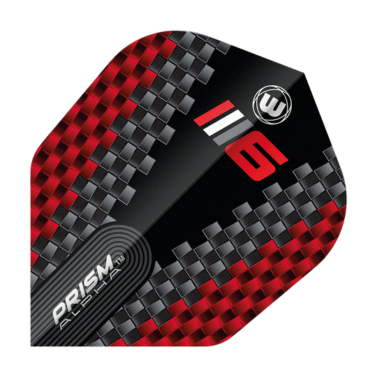 Das Bild zeigt ein Dart-Flight mit einem modernen, roten und grauen Karomuster. Auf dem Flight stehen die Worte "PRISM ALPHA" sowie die Zahl "6" und das Winmau-Logo.