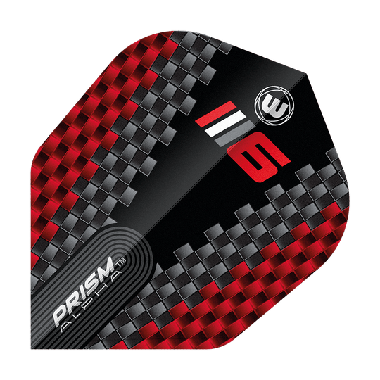Volets Winmau Prism Alpha Blade 6 Chevron No6 Das Bild zeigt ein Dart-Flight mit einem modernen, roten und grauen Karomuster. Auf dem Flight stehen die Worte "PRISM ALPHA" sowie die Zahl "6" und das Winmau-Logo.