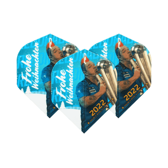 WF-6_Red_Dragon_Merry_Christmas_Flights_Snakebite_2022_14UdTY8GD4J8KM Das Bild zeigt vier Dart-Flights mit einem Weihnachtsmotiv und der Aufschrift "Frohe Weihnachten". Auf den Flights ist außerdem ein Dartspieler mit einer Trophäe und der Jahreszahl 2022 abgebildet.