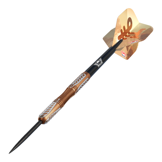 Fléchettes Bulls NL Bronzo True Steel - 23 g Bulls NL Bronzo True Steeldarts mit 23 Gramm Gewicht sind abgebildet. Das Bild zeigt Steeldarts mit typischem bronzefarbenem Design.