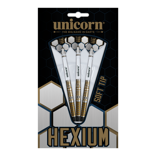 Fléchettes souples Unicorn Hexium Style 03 Or et Noir - 23 g Abgebildet sind die Unicorn Hexium Style 03 Gold & Black Softdarts mit 23g. Die Pfeile zeichnen sich durch ihr elegantes Design in Gold und Schwarz aus.