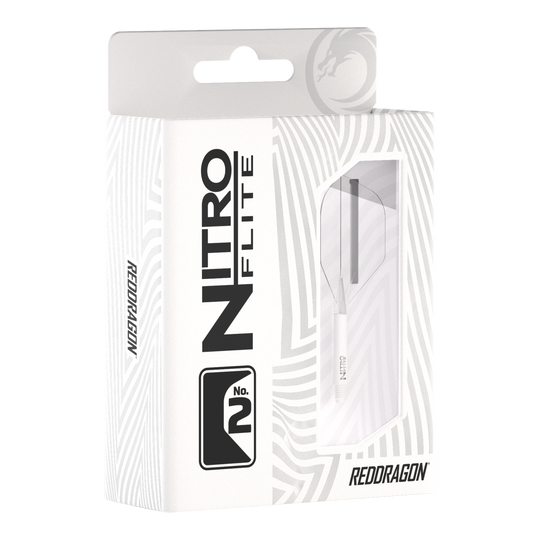 Ailettes Red Dragon Nitroflite - Tige blanche transparente n°2 Die Abbildung zeigt die Verpackung der „Red Dragon Nitroflite - White Shaft Clear No2 Flights“. Die Verpackung ist überwiegend weiß und hat ein Sichtfenster, durch das die Dartflights zu sehen sind.