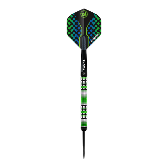 Fléchettes en acier Winmau Brendan Dolan Das Bild zeigt einen Winmau Brendan Dolan Steeldart. Der Dartpfeil hat ein auffälliges Design mit grünen und blauen Akzenten.
