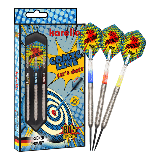 Zu sehen ist das vollständige Set der Karella Comic Line CL-2 Steeldarts in 23g. Die Steeldarts bieten eine gute Balance für ambitionierte Spieler.